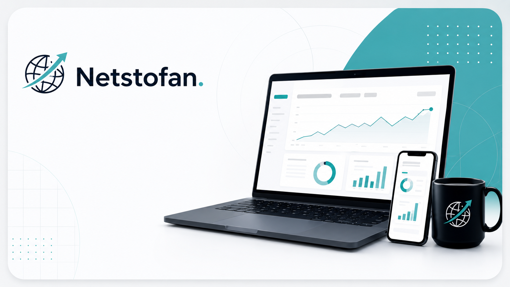 Netstofan – fartölva, sími og bolli með mælaborði og vaxtargrafi